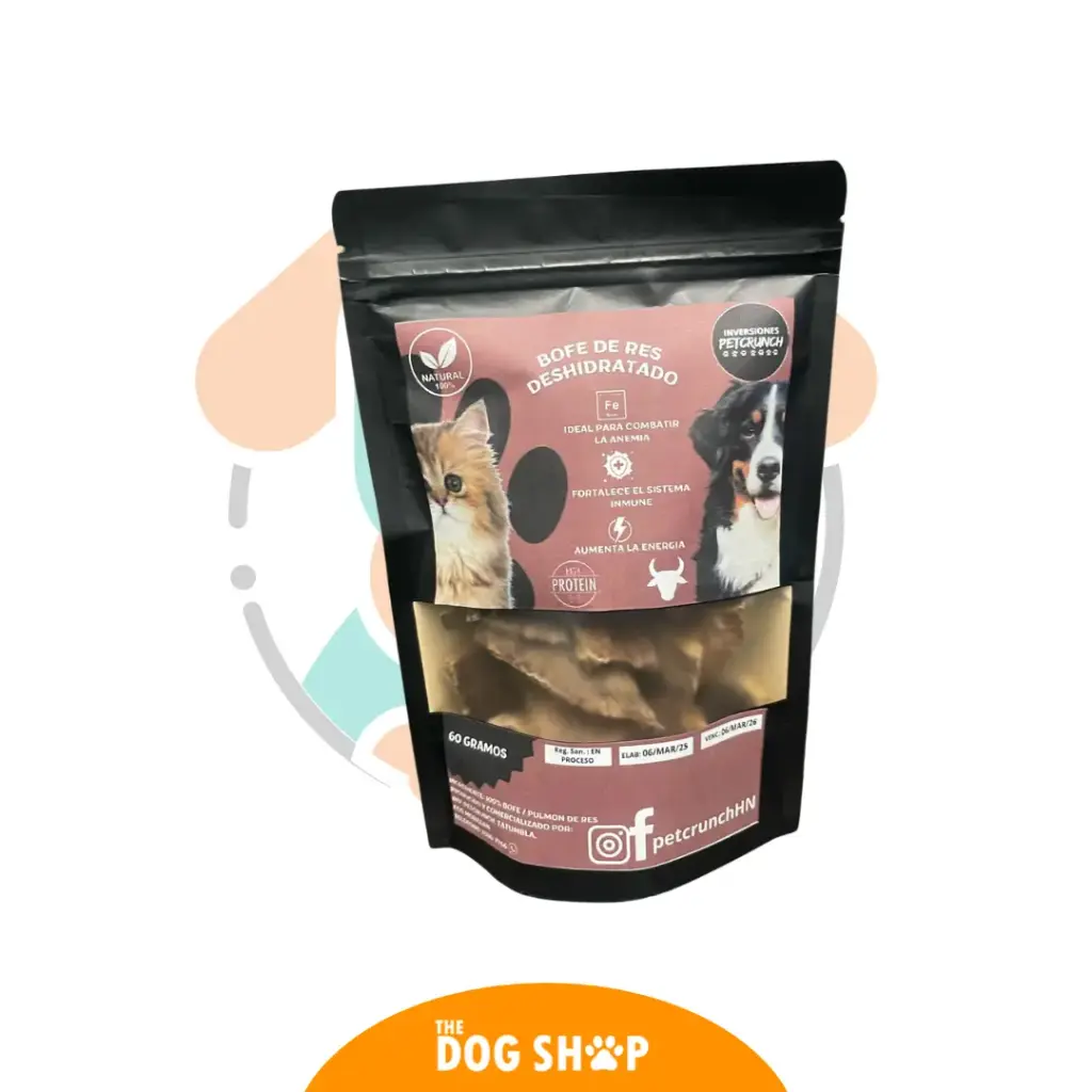 Petcrunch Bofe de Res Deshidratado 60 grms  (productos naturales sin químicos libre de granos) 