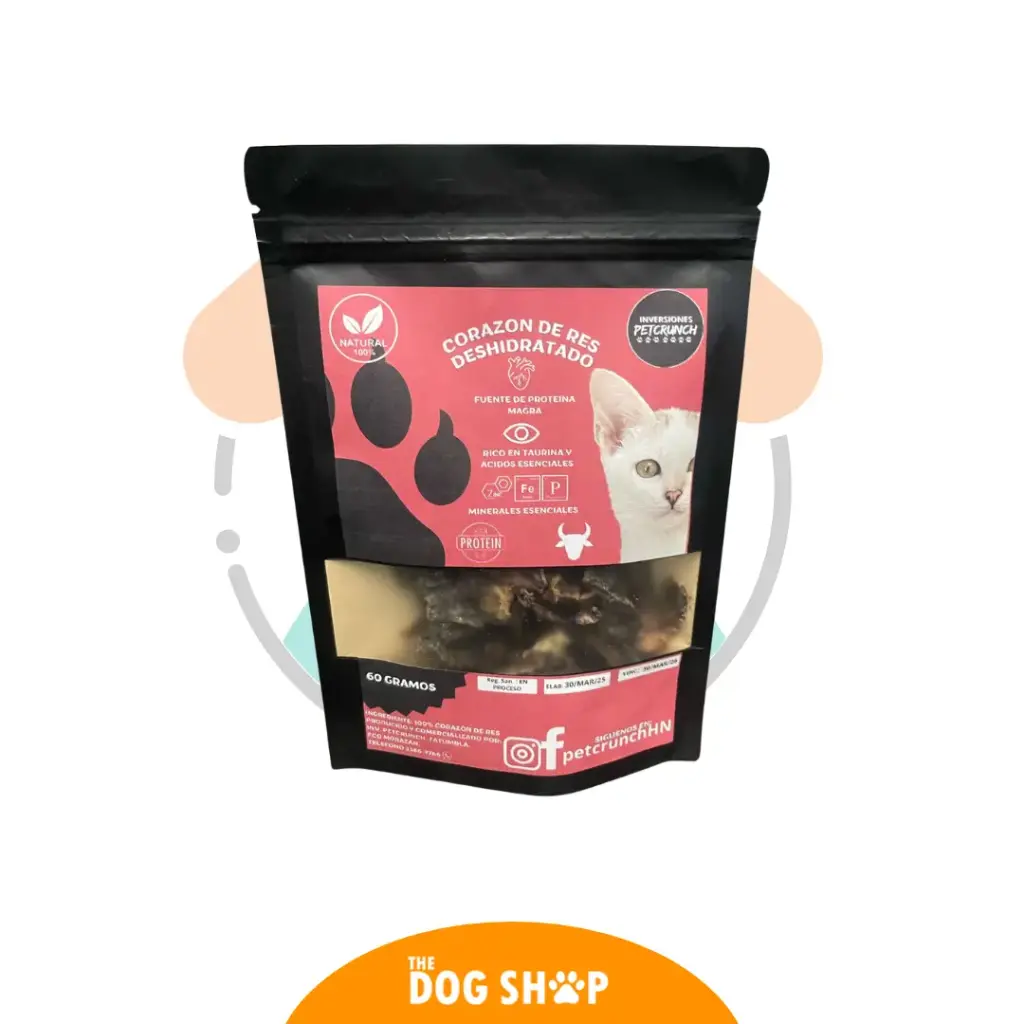 Petcrunch Corazon de Res Deshidratado 60 grms   (producto natural sin químicos libre de granos) 