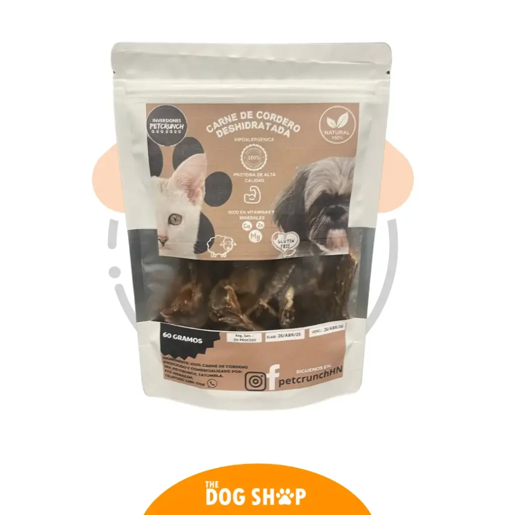 Petcrunch Carne de Cordero  (producto natural sin químicos libre de granos) 