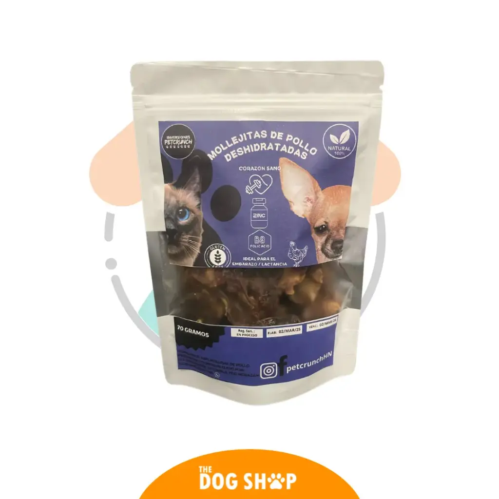Petcrunch Mollejitas de Pollo Deshidratado 70 grms  (producto natural sin químicos libre de granos) 